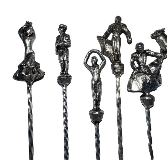 Set Of 6 Silver-Toned Twisted Metal Cocktail Forks With Flamenco & Bullfighter T - Picture 2 of 6